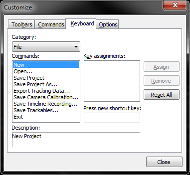 Commands: The commands tab lists all options that can be put onto a toolbar. Icons are divided into separate categories, and can be dragged from the window into an existing toolbar.