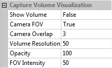 Capture Volume Visualization: Show Volume: Selects whether the capture volume is displayed in the viewport. Valid options are True, False (default).