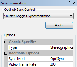 Shutter Goggles Synchronization: Type: Sets the type of goggles to synchronize to. Valid options are: Stereographics, NuVision 60GX, NuVision APG6000.
