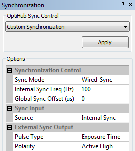 Custom Synchronization: Sync Mode: Selects between OptiSync and Wired Sync. Internal Sync Freq (Hz): Controls the frequency in Hertz (Hz) of the OptiHub's internal sync generator.