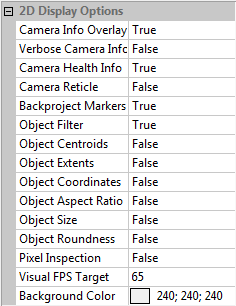 2D Display Options: Camera Info Overlay: Enables text overlay of information on the 2D Multi Camera view panes. Valid options are: True (default), False.
