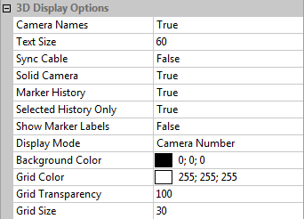 3D Display Options: Camera Names: Enables the floating camera model, serial, and master/slave status above and below camera objects. Valid options are: True (default), False.