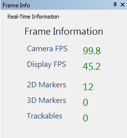 FRAME INFO The Frame Info pane provides real time information about the point cloud. Camera FPS: Current capture rate of the cameras in frames per second.