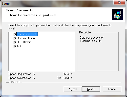 Select the components that you would like to have installed on the machine. By default, all components are selected. Core components: The Tracking Tools software and licensing wizard.
