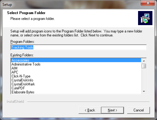 Select the folder that Tracking Tools software will install shortcuts to in the start menu.